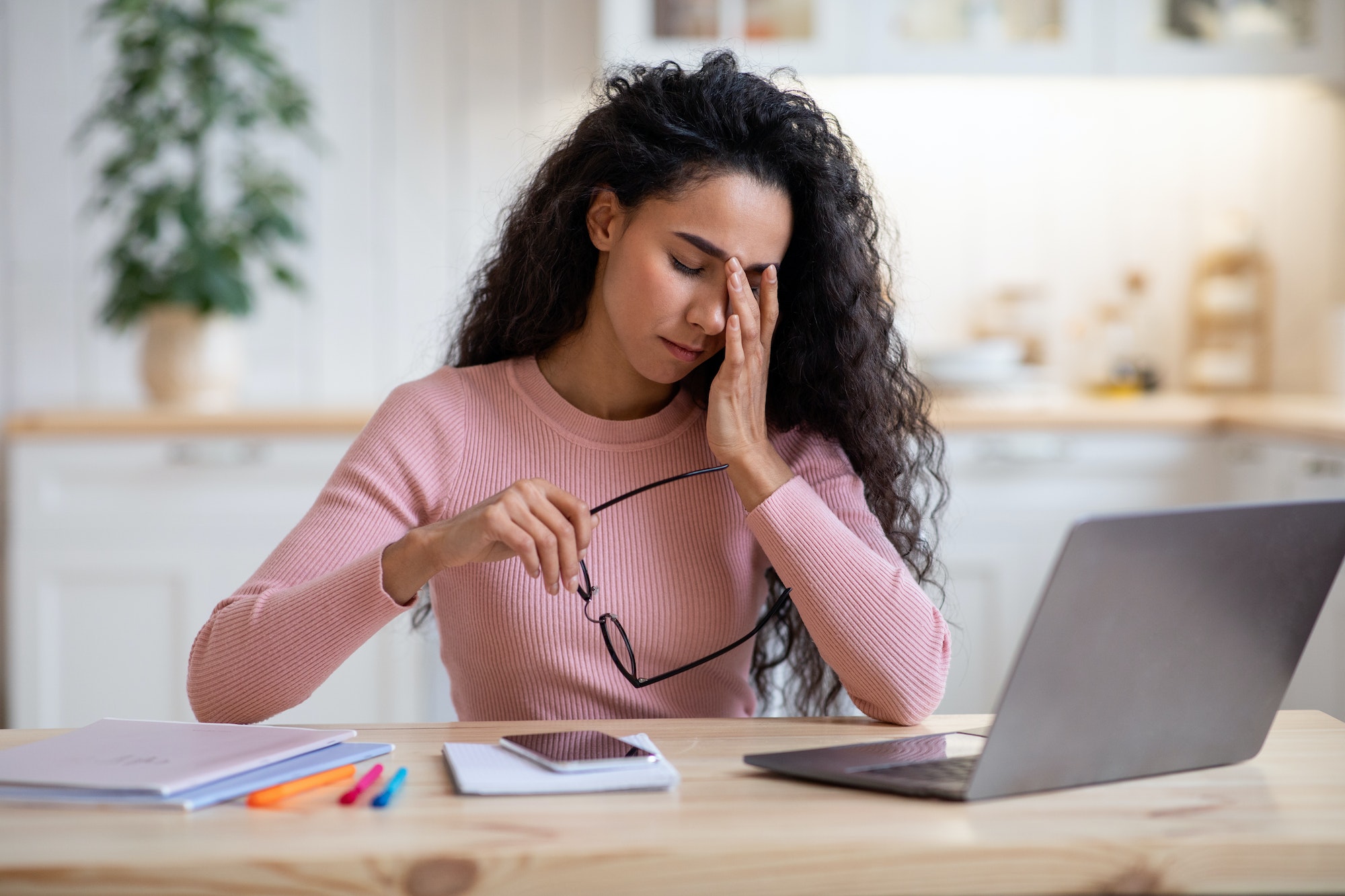 Eyes Strain. Tired Female Freelancer Feeling Fatigue After Online Work On Laptop